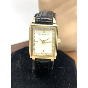 Olivia Burton Women's Watch OB091 Quartz White Dial Gold Black Leather Tank 21mm